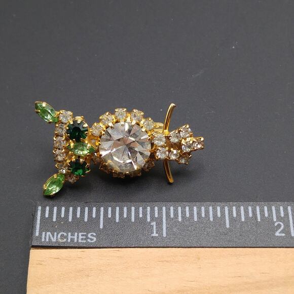 Vintage Green Rhinestone Owl Brooch, Uranium Glass Ears Nose, Gold Plated - Picture 6 of 10